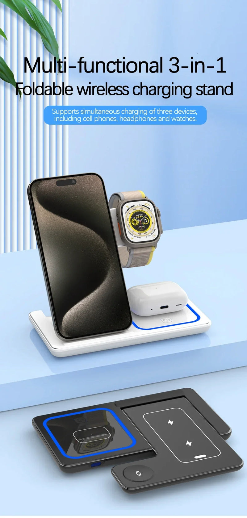 Carregador Sem Fio Magnético 3 em 1 de 30W para iPhone, Apple Watch e AirPods - Carregamento Rápido e Completo!